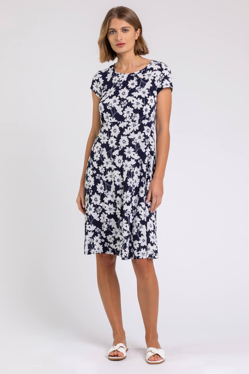Navy Floral Print Stretch Jersey Tea Dress - Roman UK