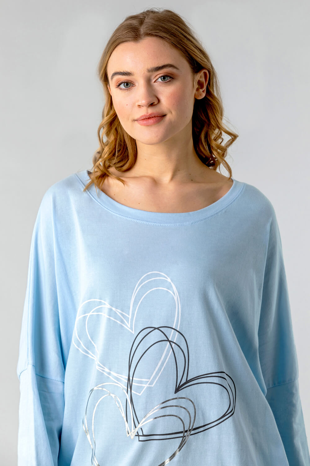 Light Blue  One Size Foil Heart Print Lounge Top, Image 4 of 4