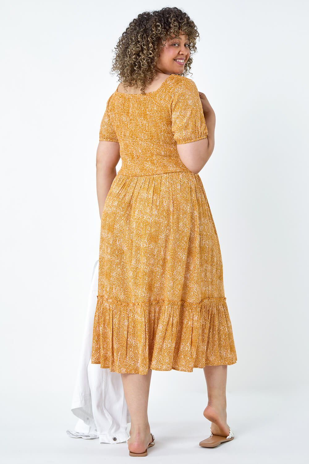 Yellow Curve Printed Crinkle Shirred Midi Dress, Image 3 of 5
