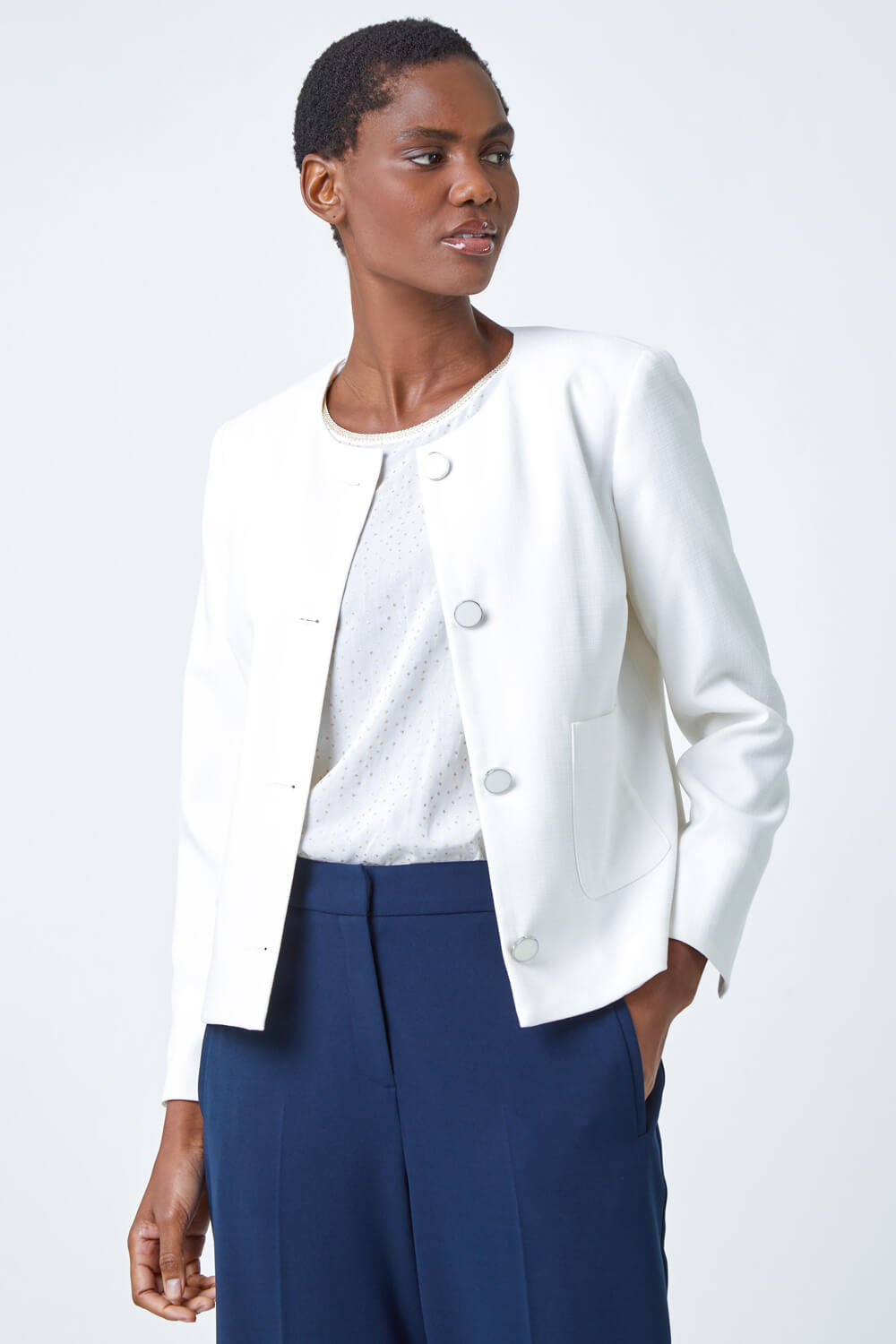 Ivory  Collarless Button Detail Jacket, Image 2 of 5