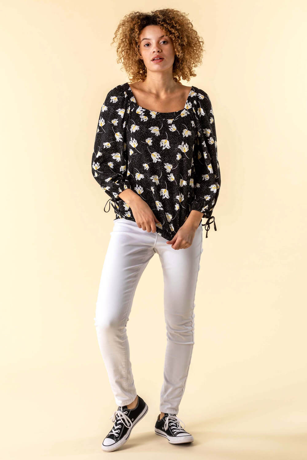 Multi  Floral Spot Square Neck Top, Image 2 of 4