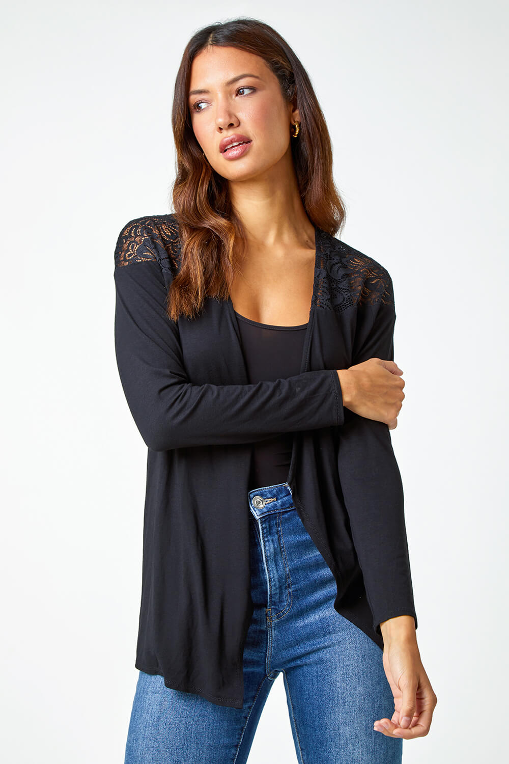 Black Lace Detail Waterfall Stretch Cardigan , Image 3 of 5