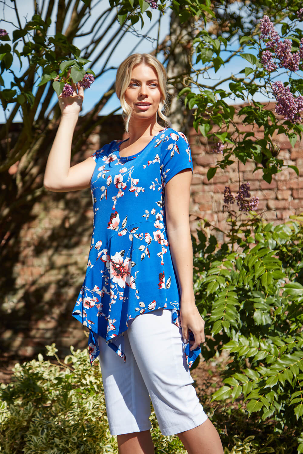 Floral Print Hanky Hem T-Shirt in Blue - Roman Originals UK