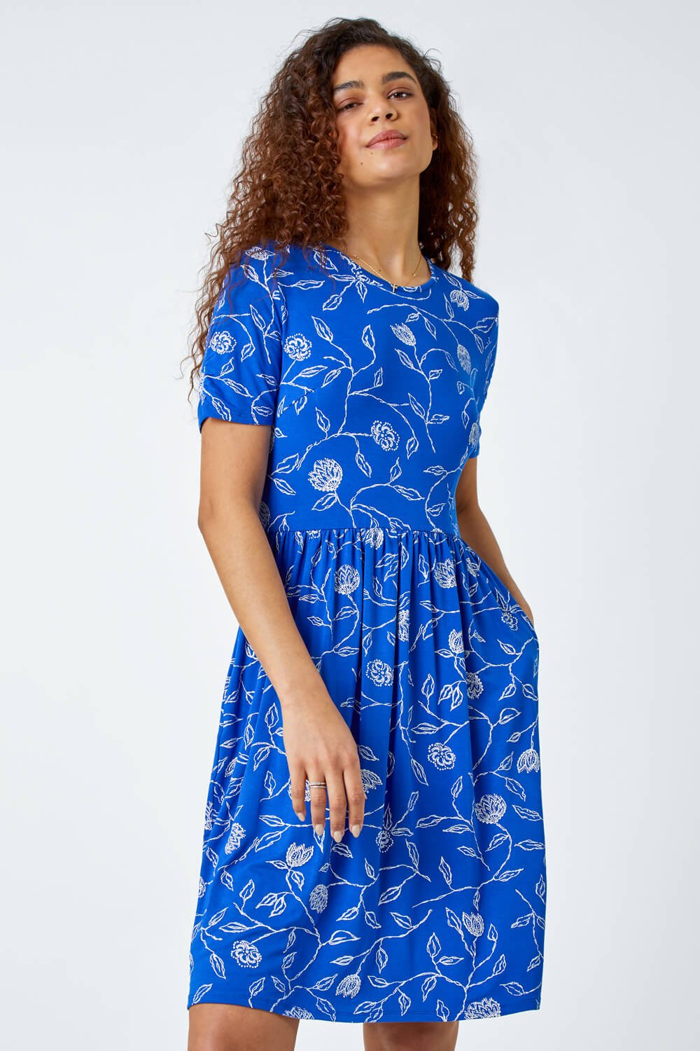 Blue Floral Pocket Stretch T-Shirt Dress, Image 2 of 5