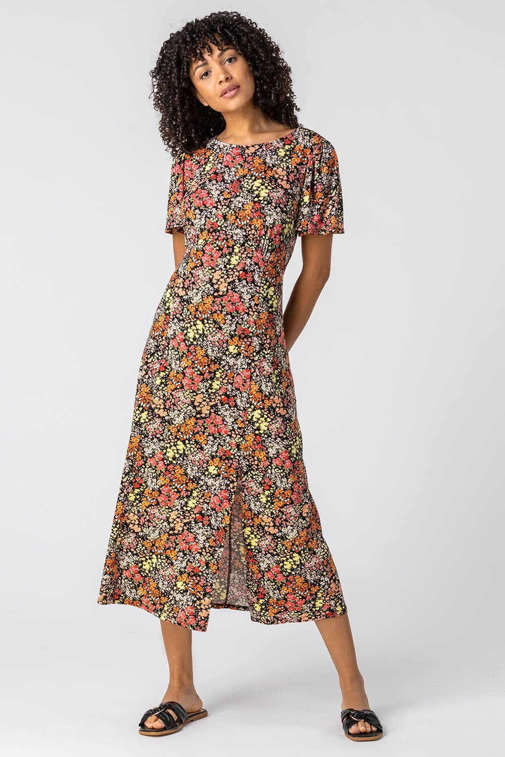 Multi  Floral Print Side Split Dress, Image 3 of 5