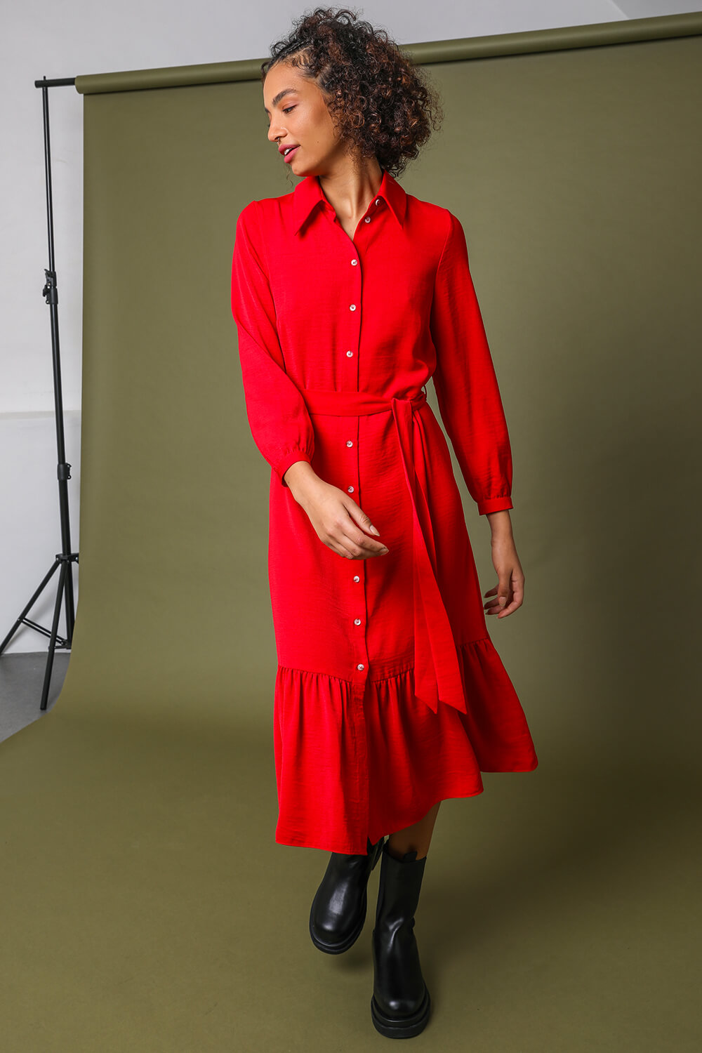 Red Tiered Midi Length Shirt Dress, Image 4 of 5