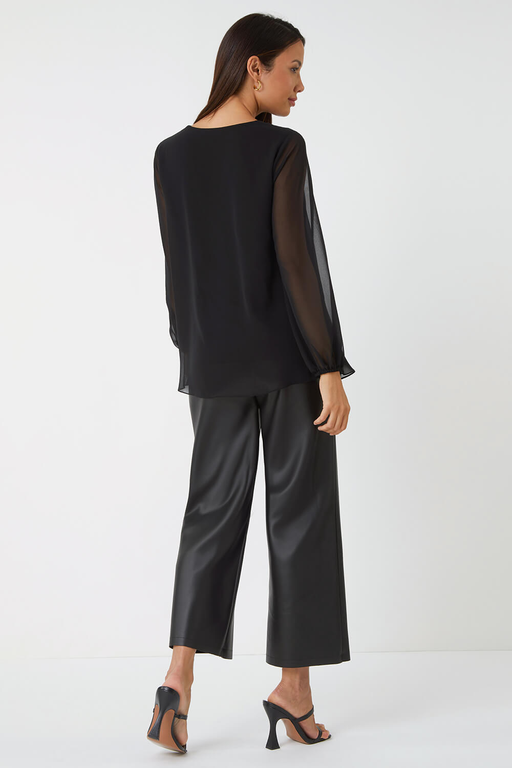 Black Contrast Chiffon Overlay Stretch Top, Image 3 of 5