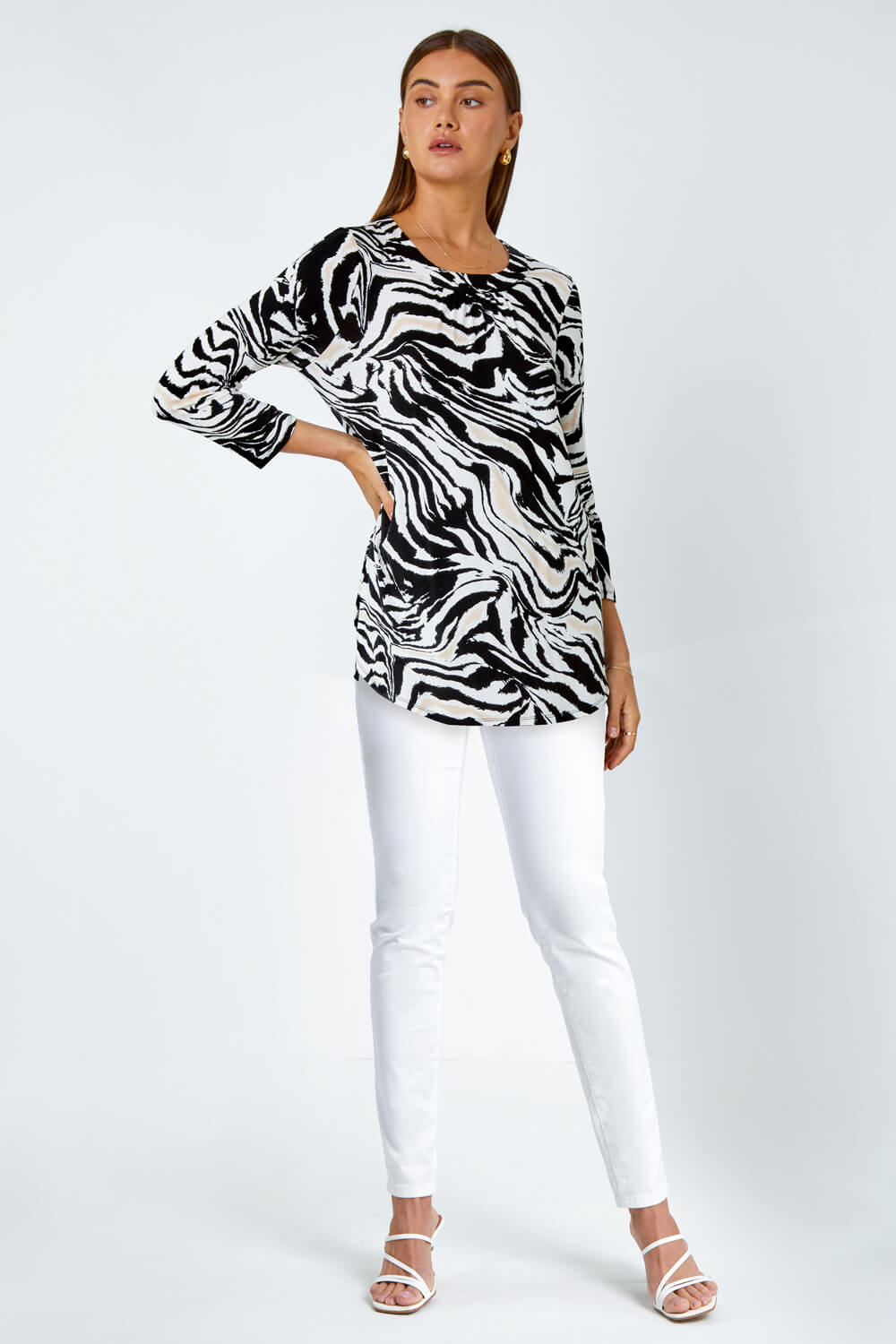 Black Animal Print Pleated Stretch Top, Image 2 of 5
