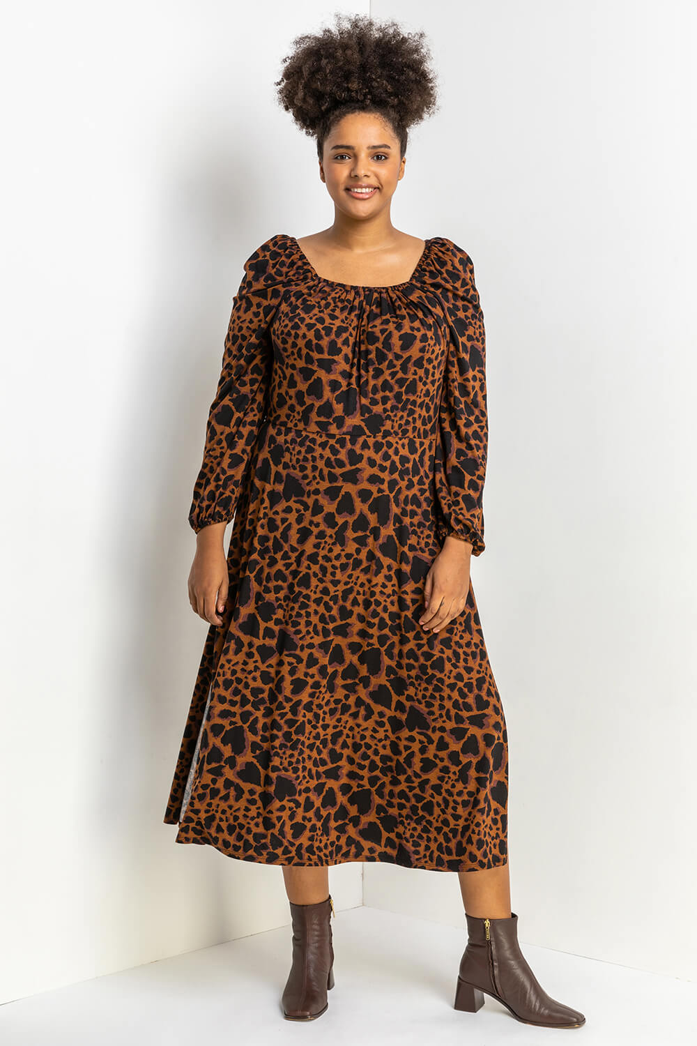 Coffee Curve Leopard Print Midi Dress, Image 3 of 5