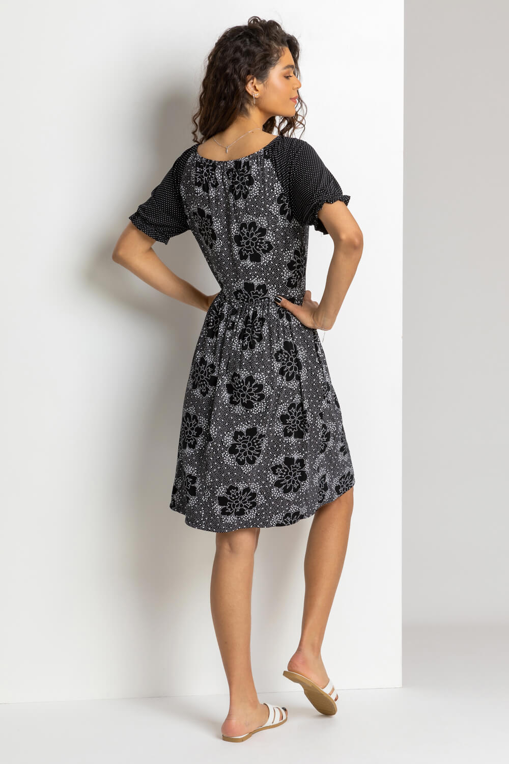 Black Mixed Floral Spot Print Tassel Dress, Image 2 of 4