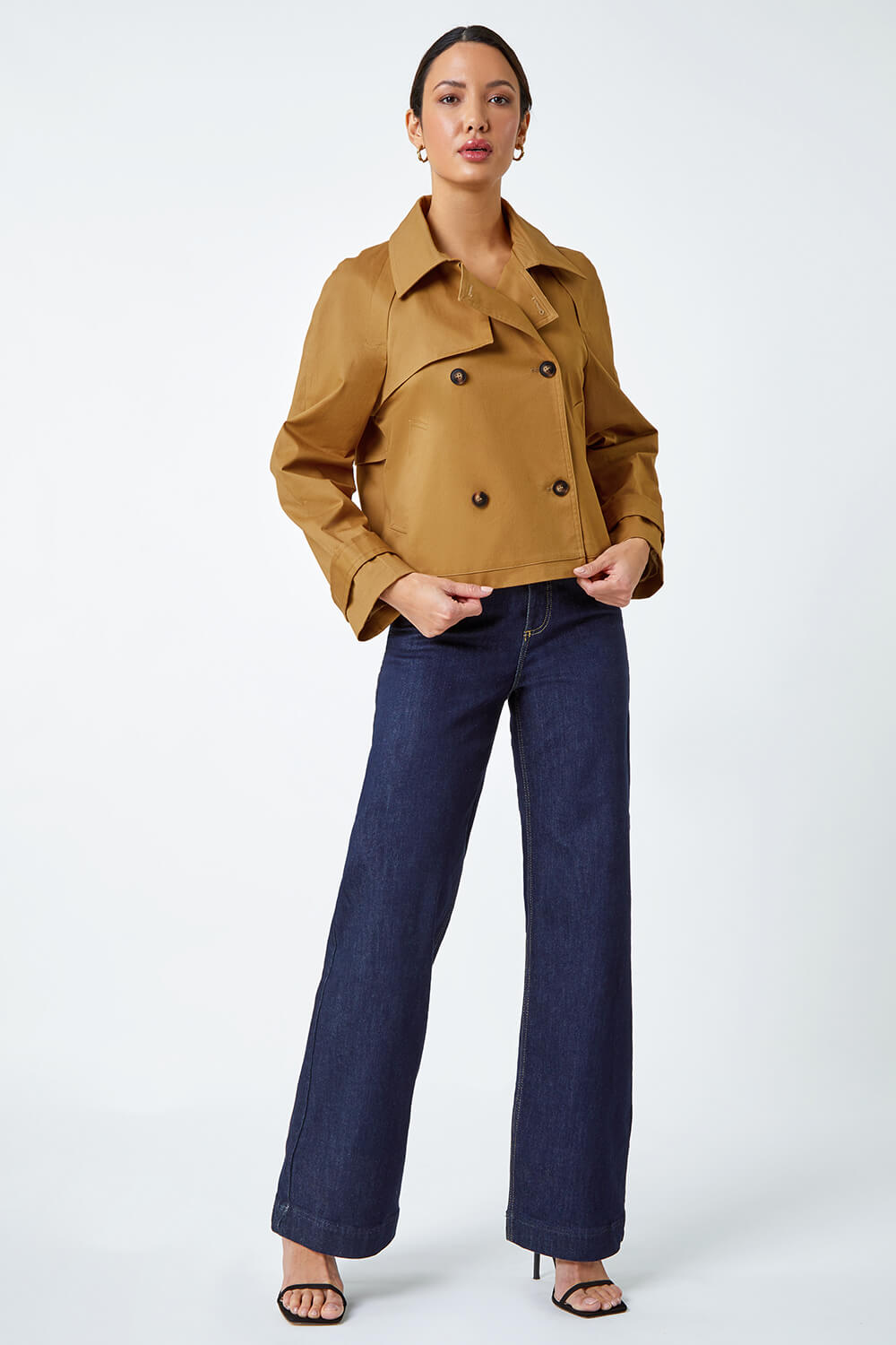 Tan Cotton Blend Cropped Stretch Trench Coat, Image 2 of 5