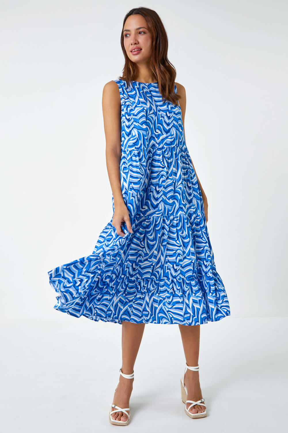 Blue Sleeveless Geometric Print Smock Dress, Image 2 of 5