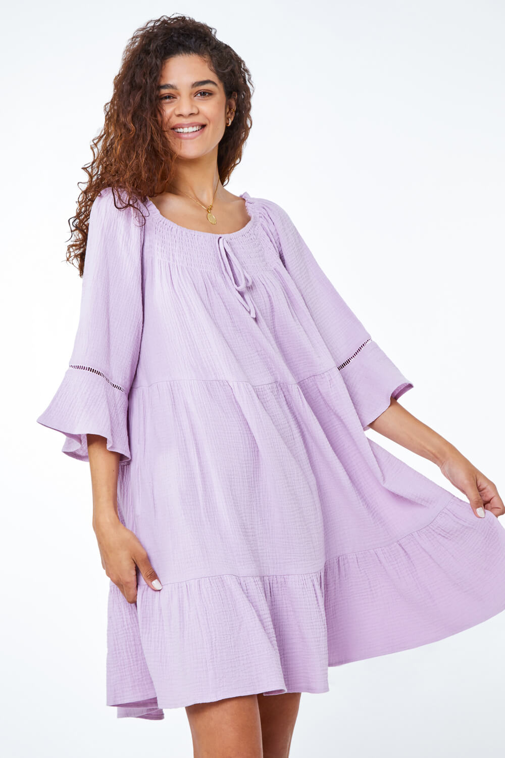 Lilac Tiered Cotton Tie Detail Smock Dress, Image 2 of 5