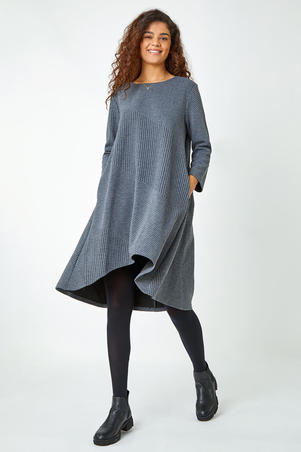 Dark Grey Ribbed Asymmetric Stretch Jersey Dress, Image 2 of 5