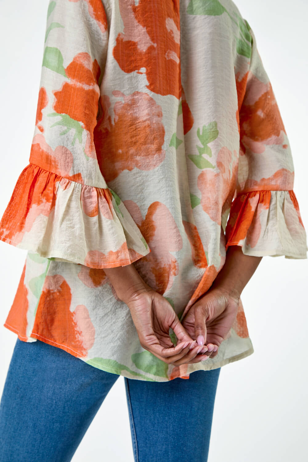 ORANGE Floral Print Frill Sleeve Top, Image 5 of 5