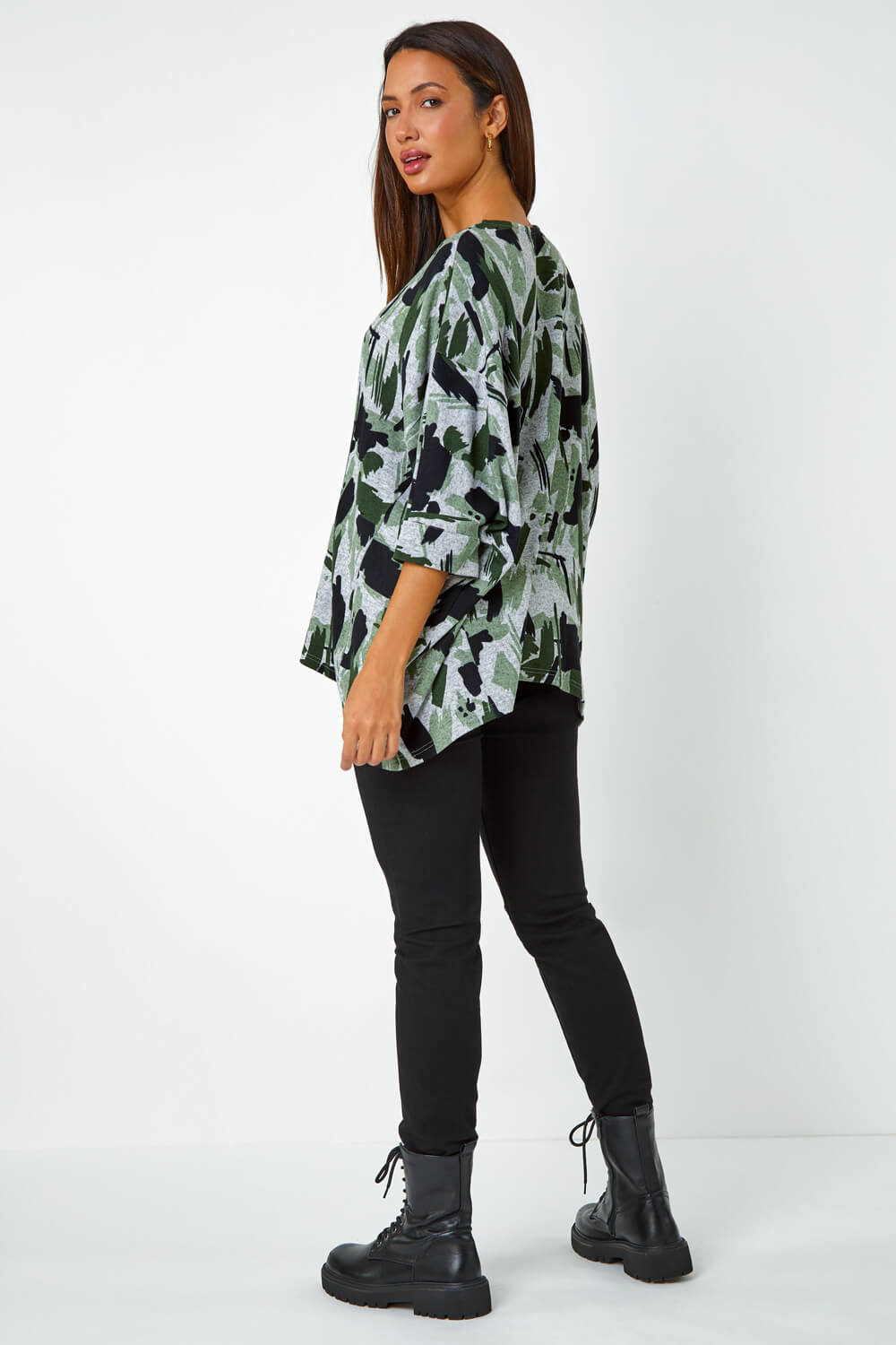 KHAKI Relaxed Abstract Print Stretch Top , Image 3 of 5