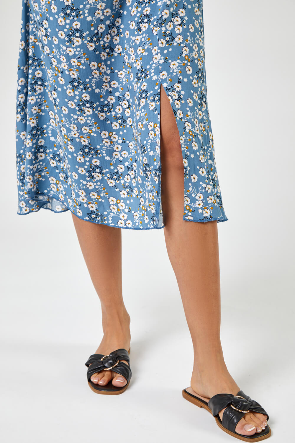 Blue Ditsy Floral Tie Neck Midi Dress, Image 5 of 5