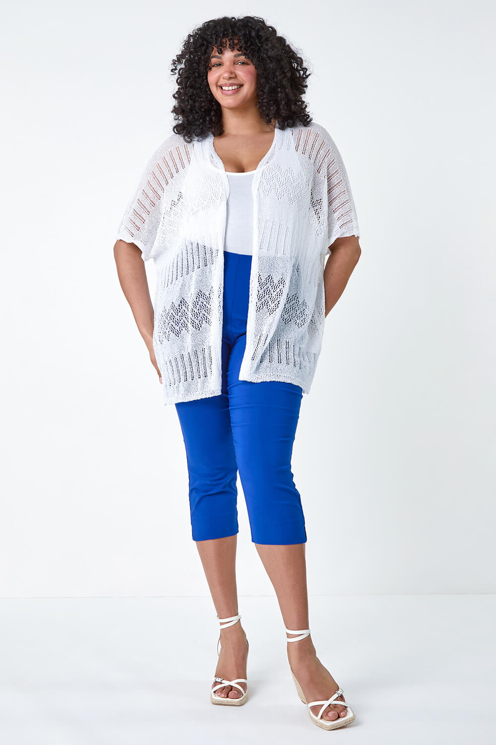 Ivory  Curve Pointelle Knit Stretch Cardigan, Image 2 of 5