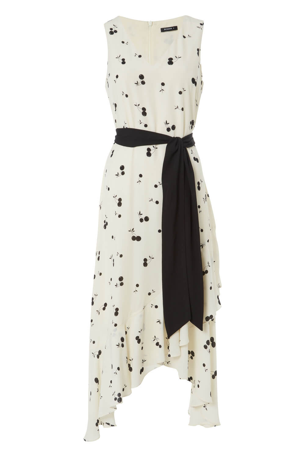Cream  Cherry Printed Asymmetric Midi Dress, Image 5 of 5