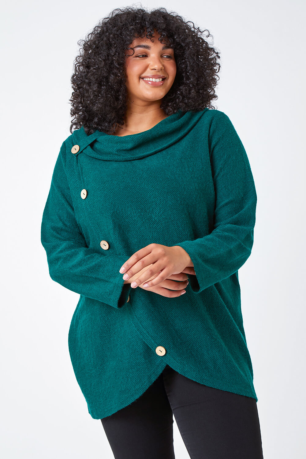 Green Curve Cowl Neck Button Wrap Top, Image 2 of 5