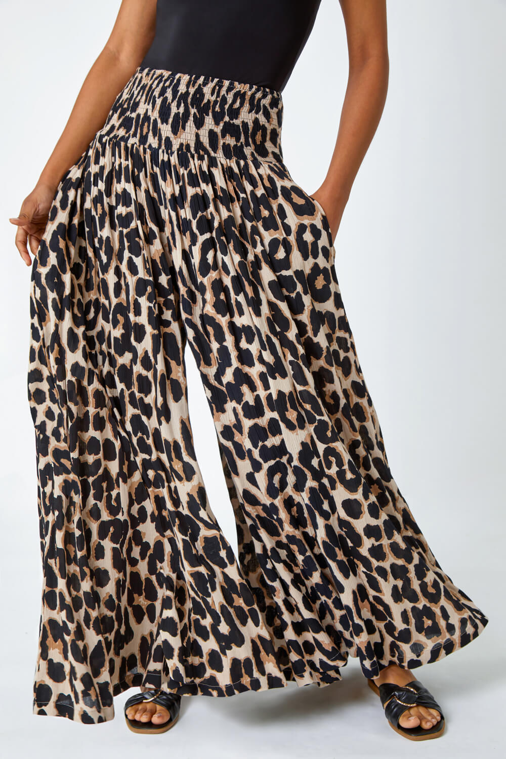 Brown Animal Shirred Palazzo Stretch Trouser, Image 2 of 5