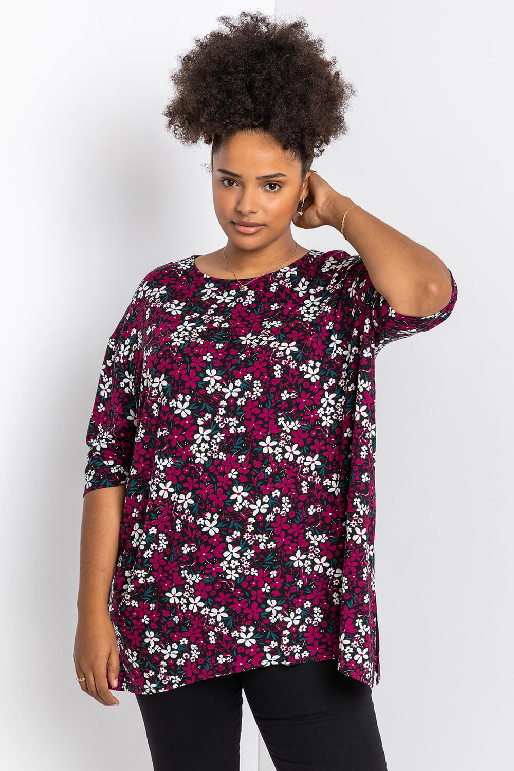 Maroon Curve Floral Print Tunic Top, Image 4 of 4