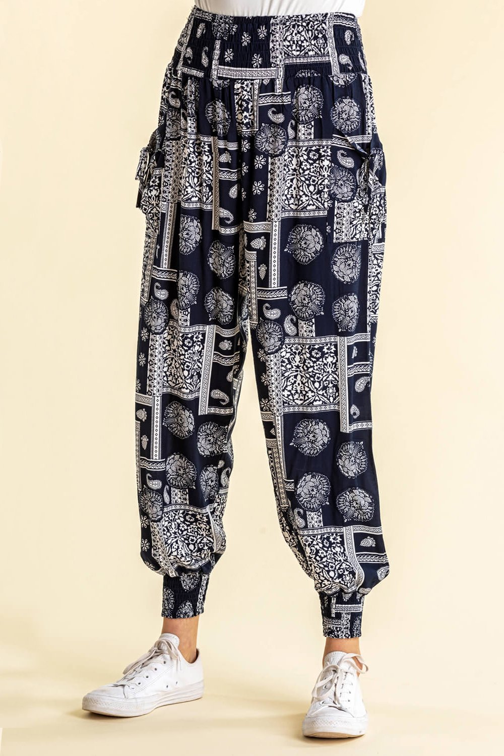 Navy  Patchwork Hareem Lounge Pants, Image 2 of 4