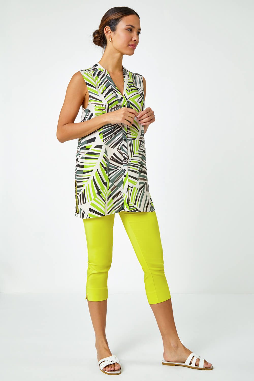 Lime Palm Print Notch Neck Button Top, Image 3 of 5