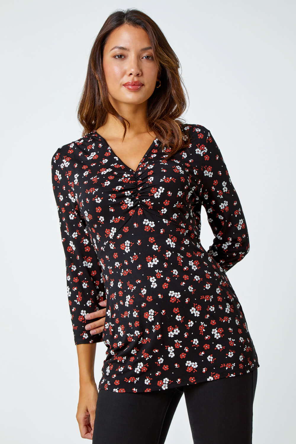 Floral Print Ruched Stretch Top