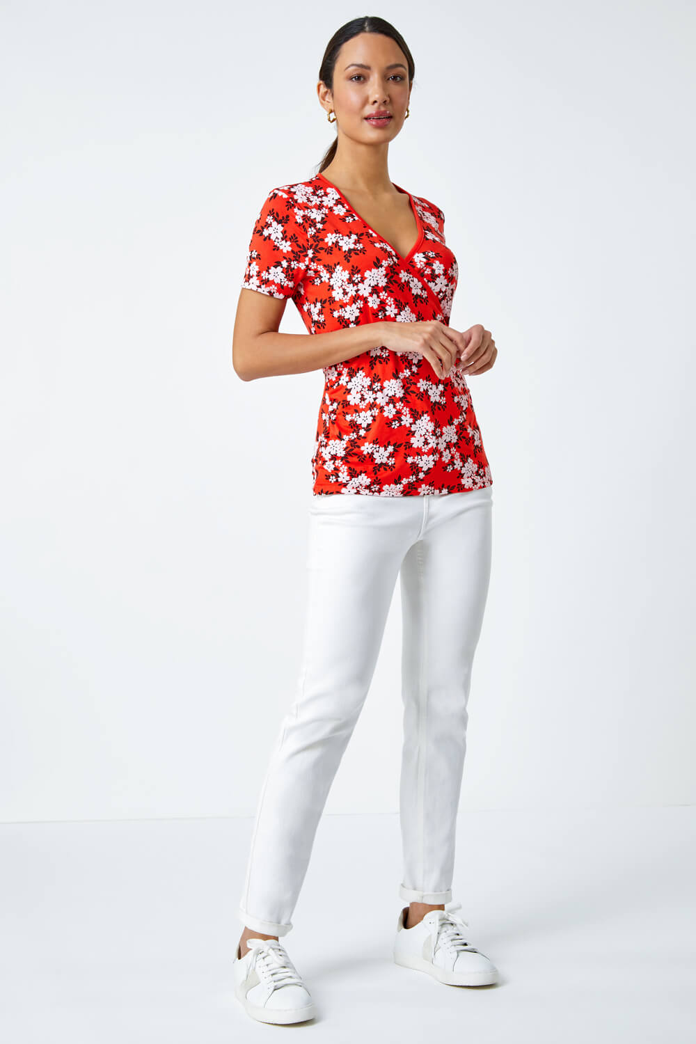 Red Floral Print Wrap Stretch Top, Image 2 of 5