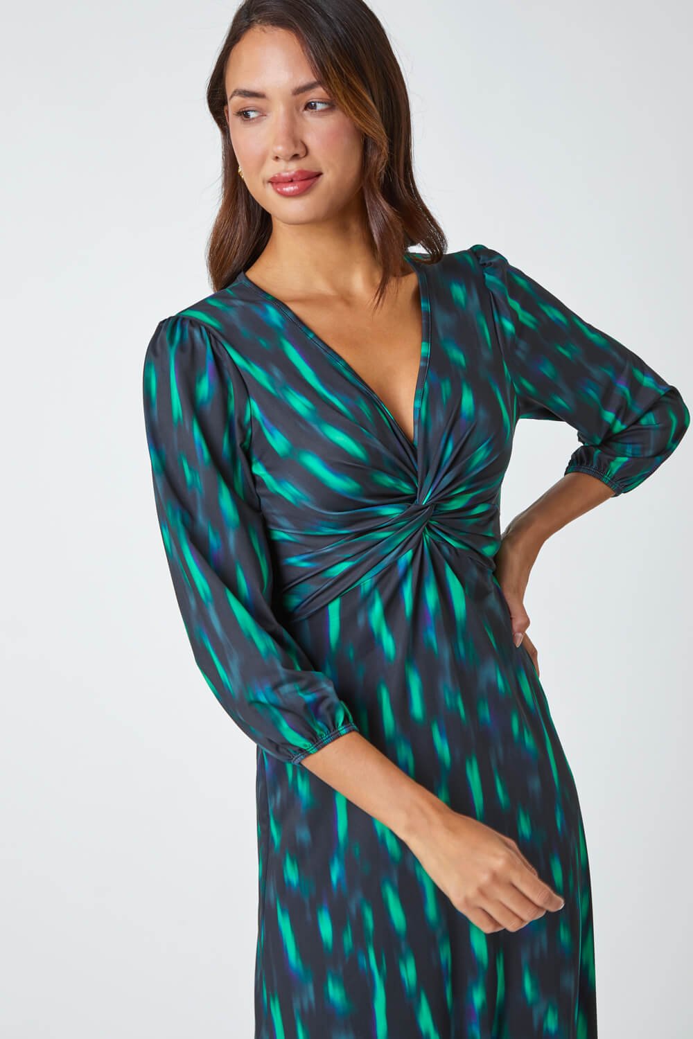 Green Abstract Twist Front Midi Stretch Dress, Image 4 of 5