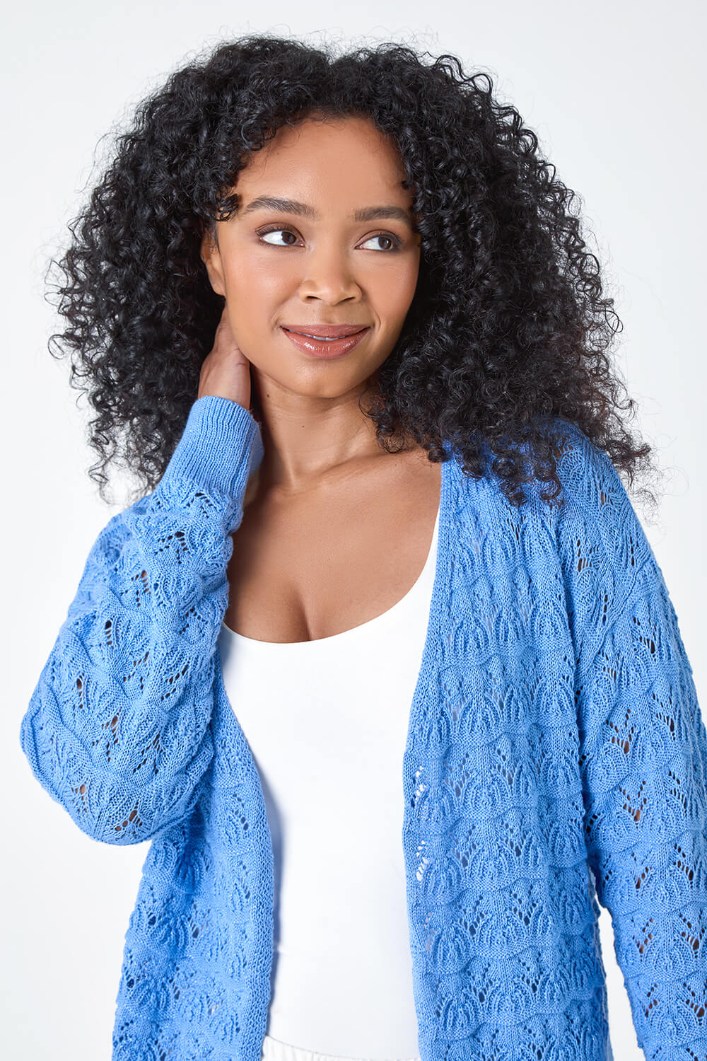 Blue Petite Shimmer Crochet Knit Cardigan, Image 5 of 5