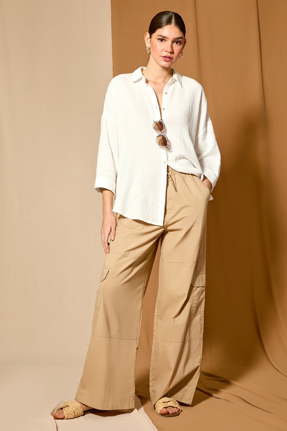 Natural  Cotton Wide Leg Cargo Trousers, Image 6 of 7