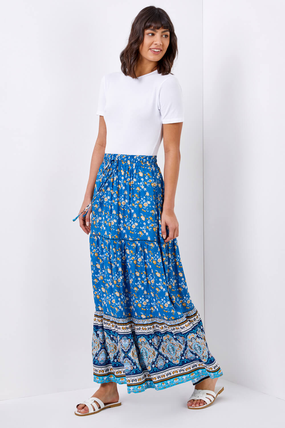 Blue Tiered Floral Print Maxi Skirt, Image 3 of 4