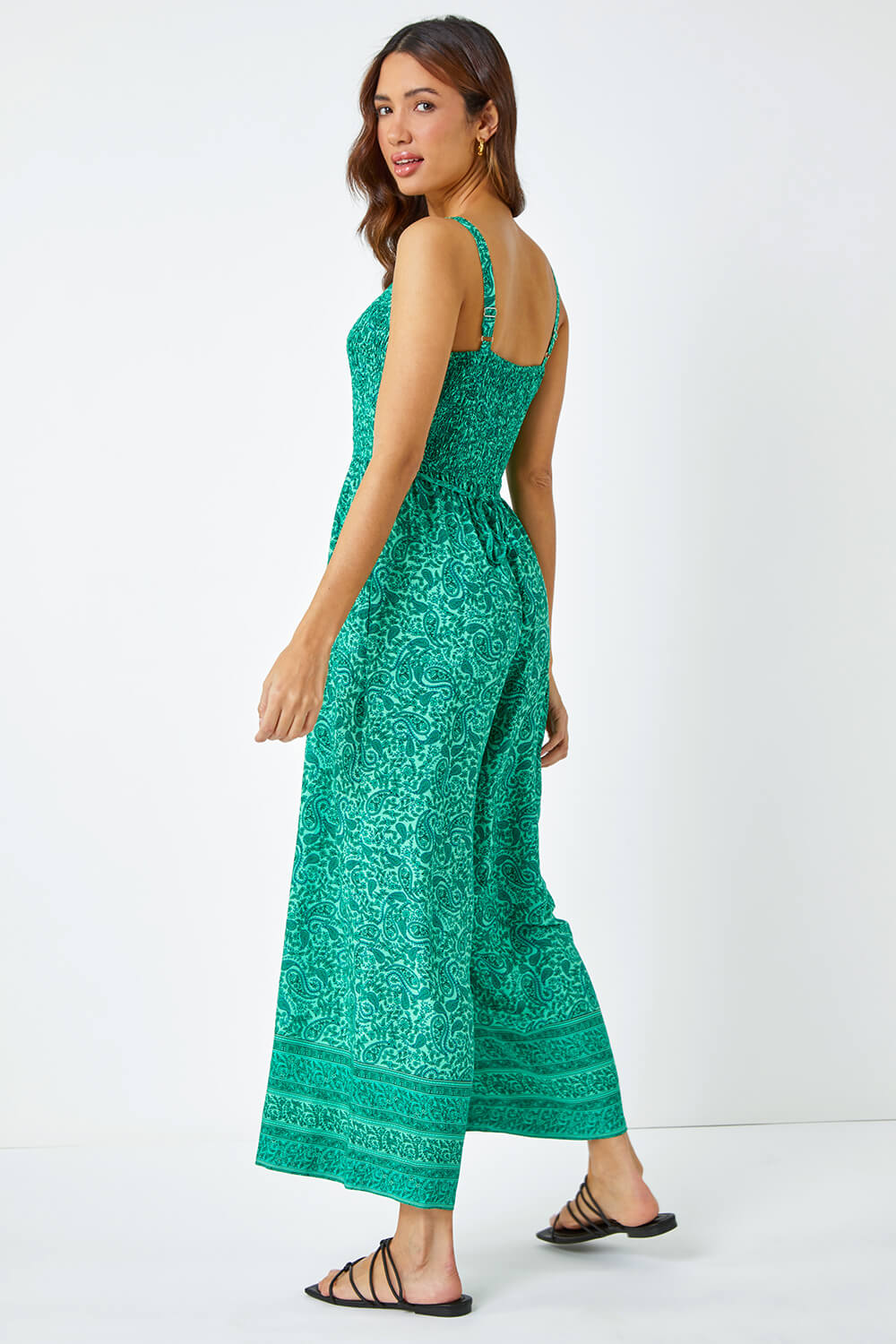 Green Sleeveless Paisley Cropped Jumpsuit, Image 3 of 5