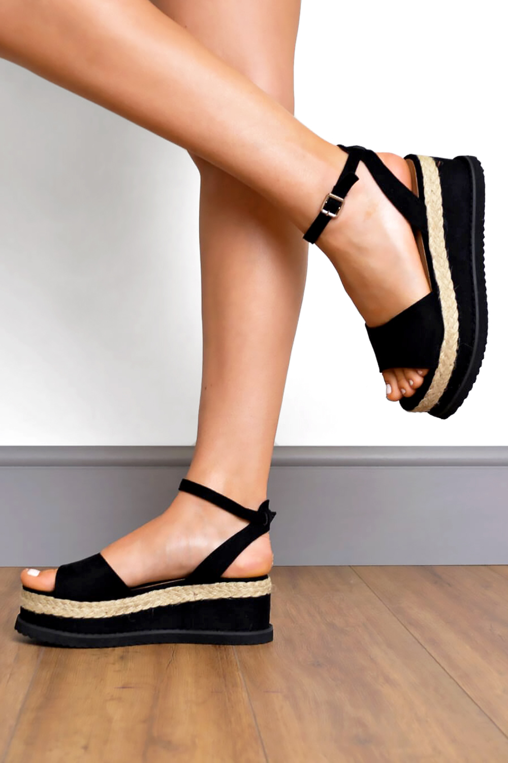 Black Faux Suede Flatform Espadrille Sandals, Image 3 of 4
