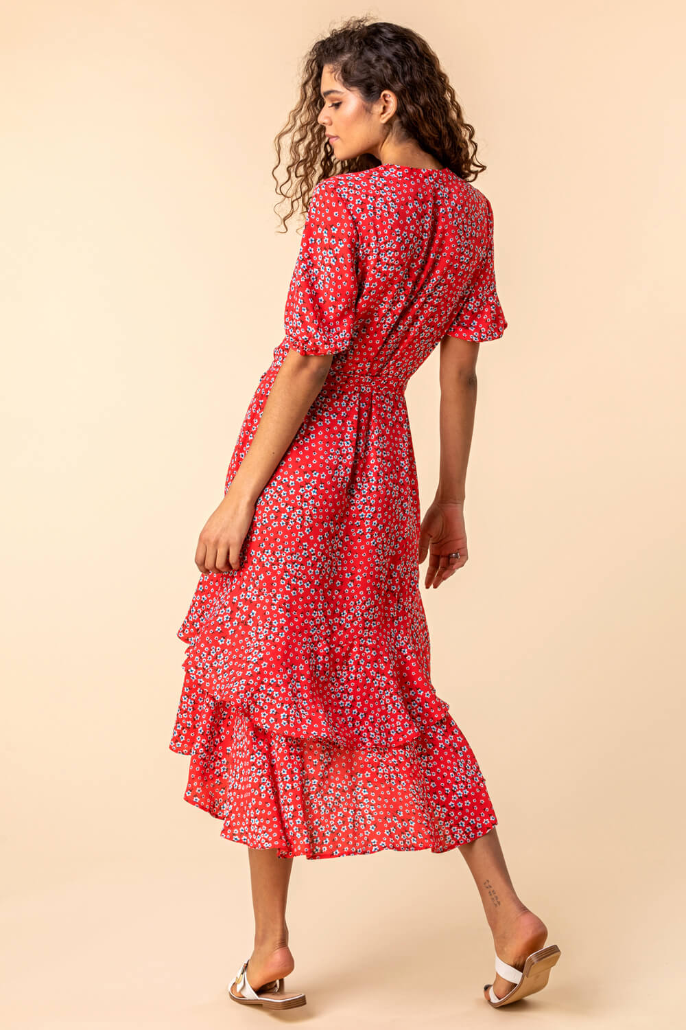 Ditsy Floral Frill Hem Midi Dress in Red - Roman Originals UK