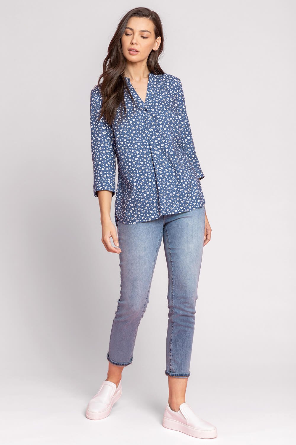 Blue Ditsy Floral Print Notch Neck Top, Image 3 of 5