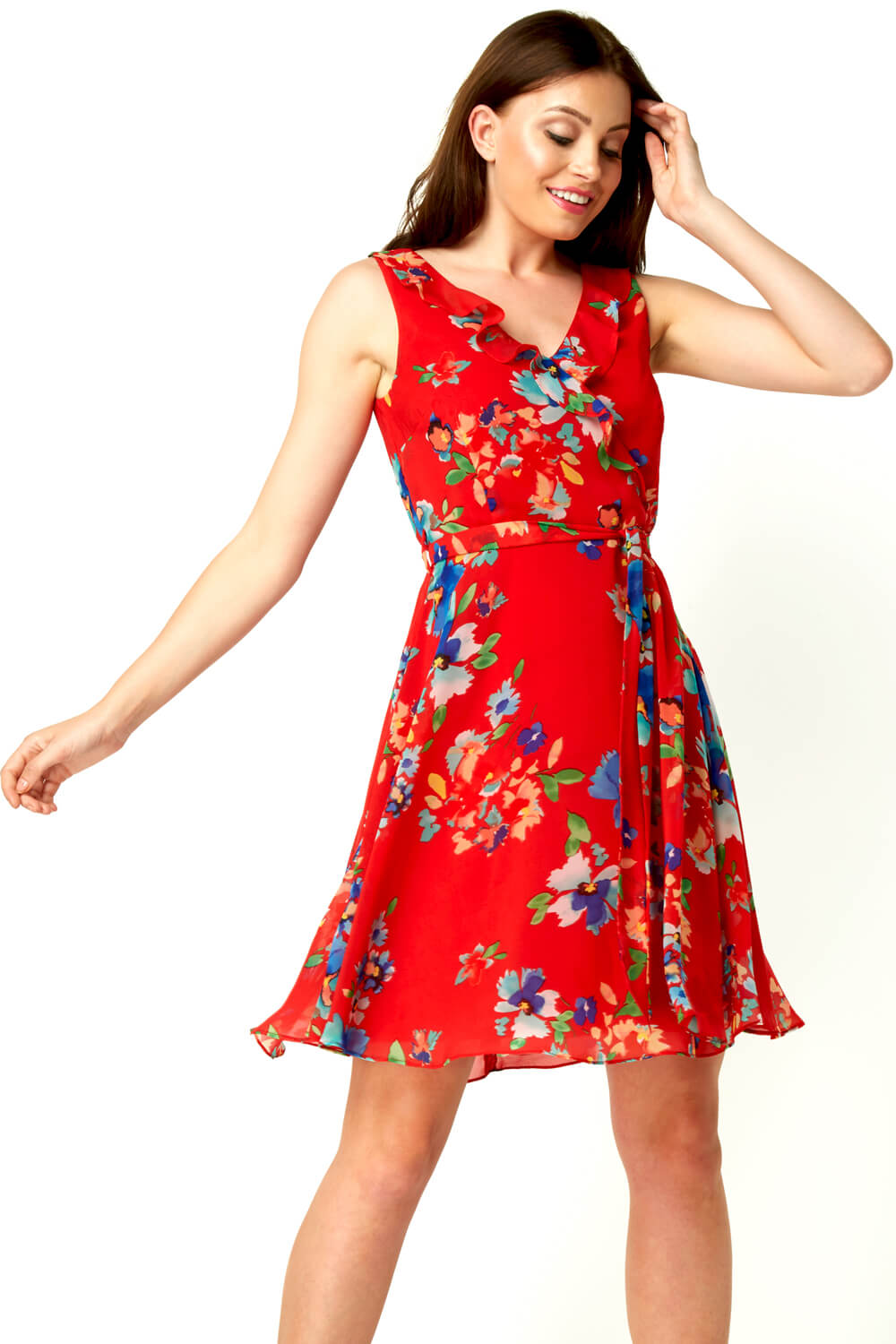 Floral Frill Wrap Dress in Red - Roman Originals UK