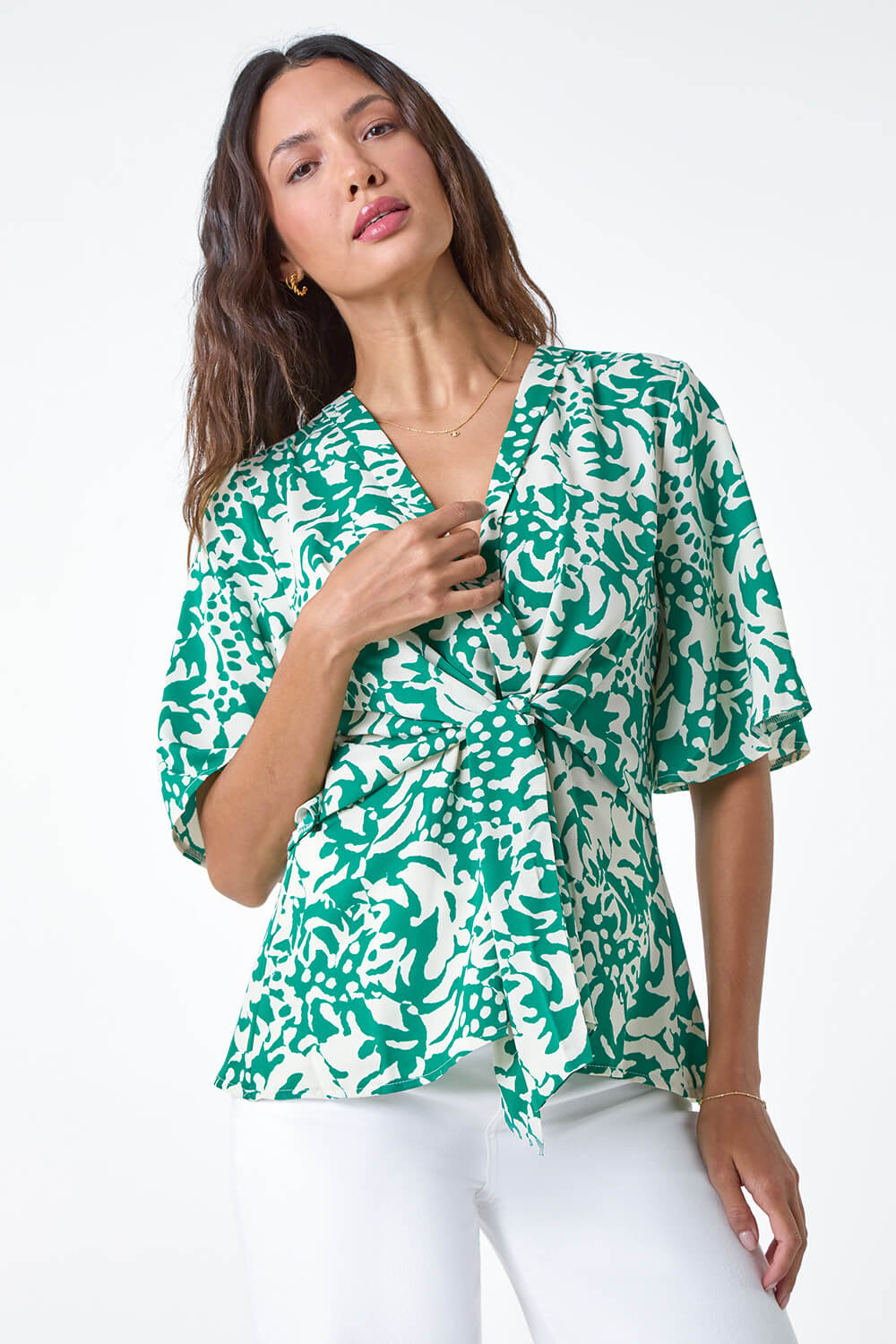 Green Floral Print Wrap Tie Top, Image 2 of 5