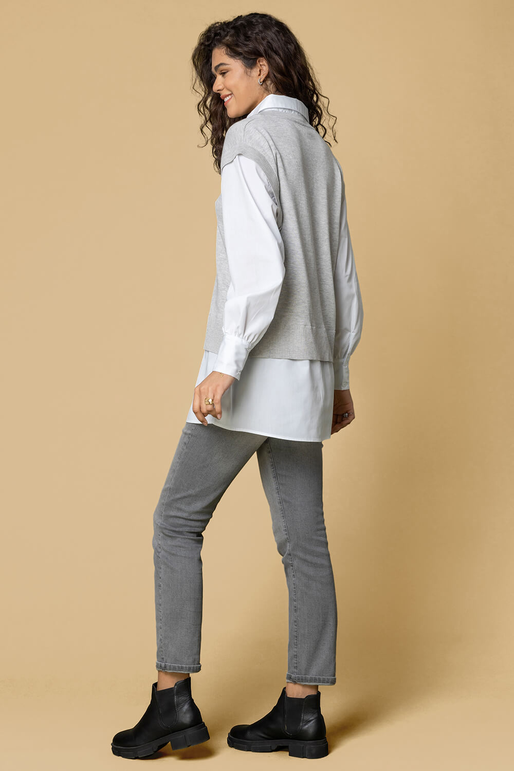 Grey Cable Knit Shirt Collar Longline Jumper, Image 2 of 4