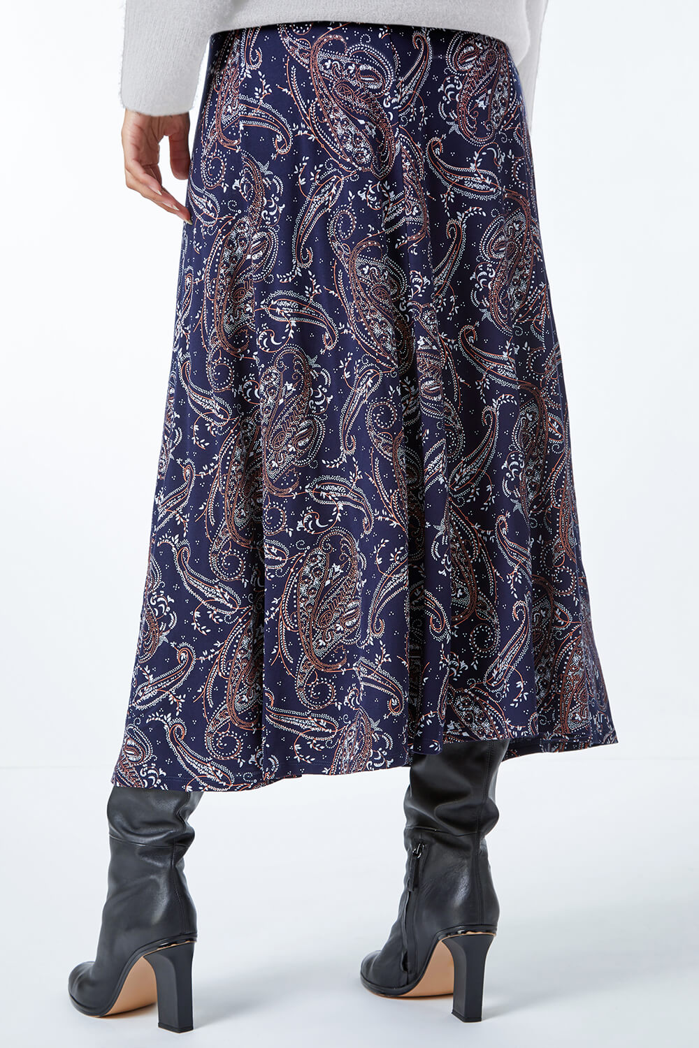 Midnight Blue Paisley Print Stretch Midi Skirt, Image 3 of 5