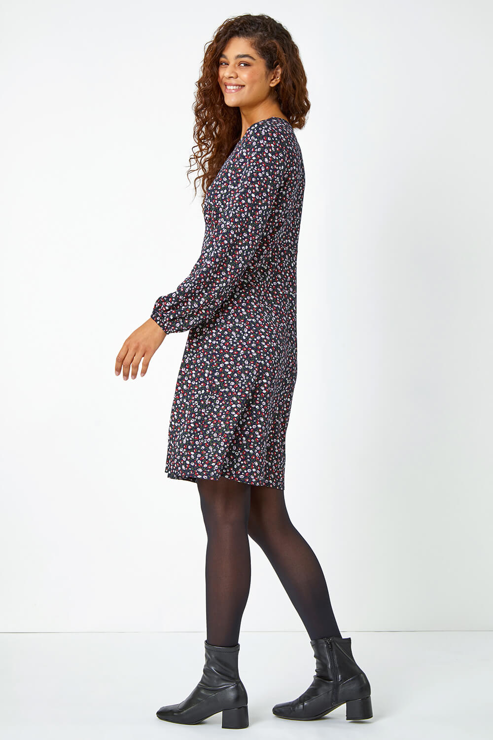 Navy  Ditsy Floral Print Stretch Dress, Image 3 of 5