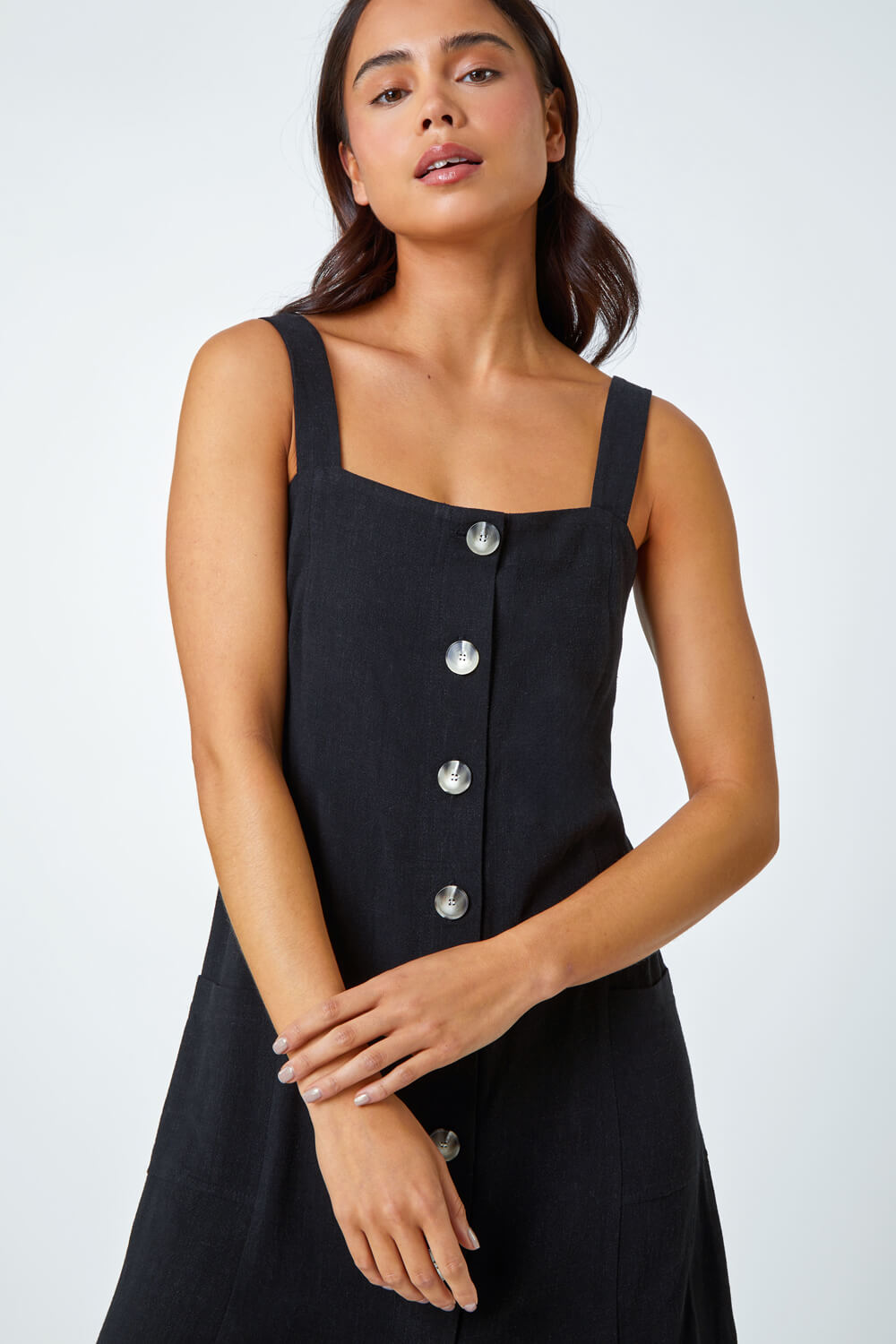 Black Petite Button Front Pocket Dress , Image 5 of 6