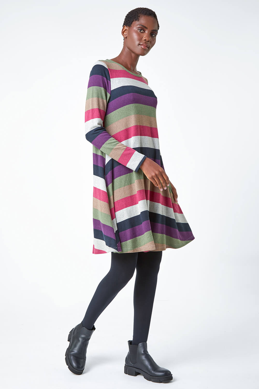PINK Stripe Print Swing Stretch Dress, Image 2 of 5
