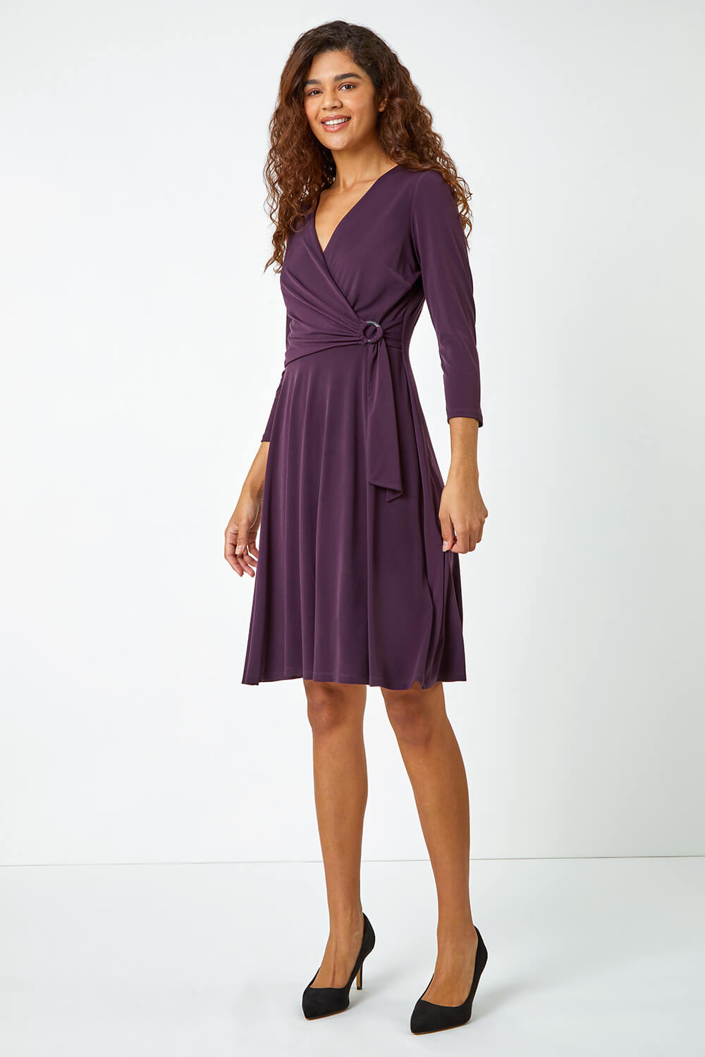 Aubergine Ring Buckle Wrap Stretch Dress, Image 2 of 5