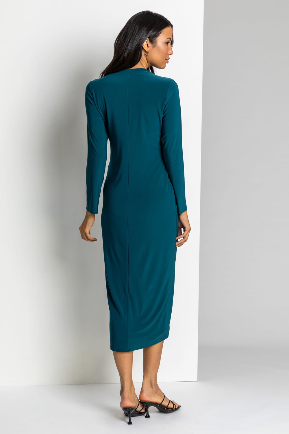 Petrol Blue Fitted Jersey Ruched Wrap Dress, Image 2 of 4