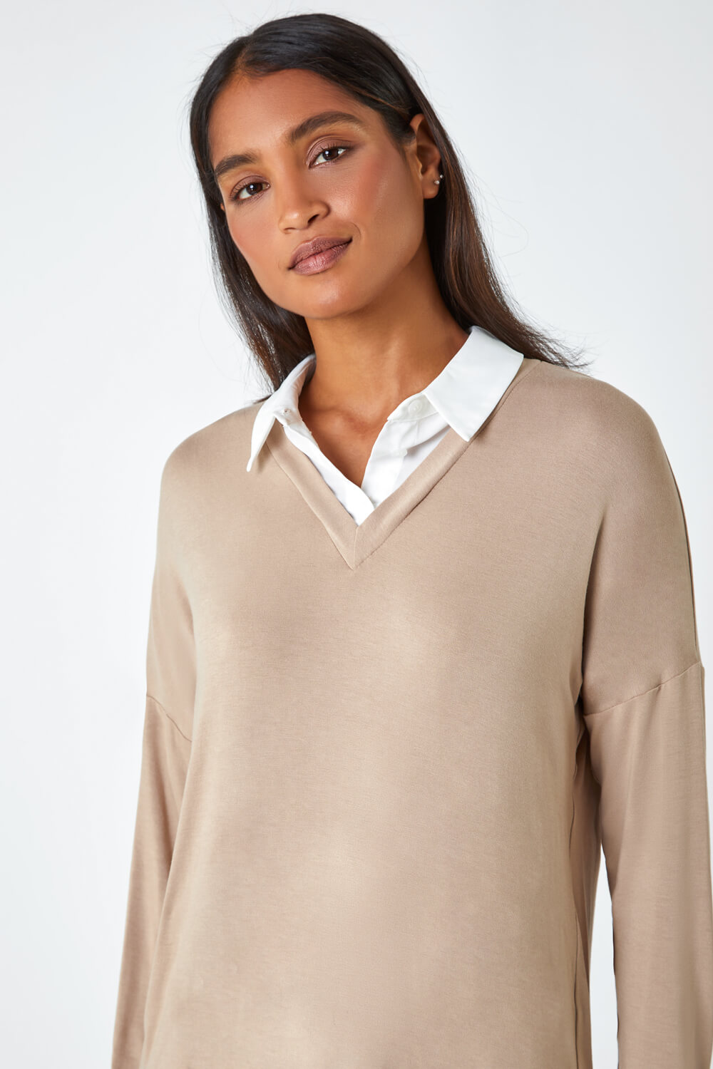 Camel  Shirt Collar Stretch Top, Image 4 of 5