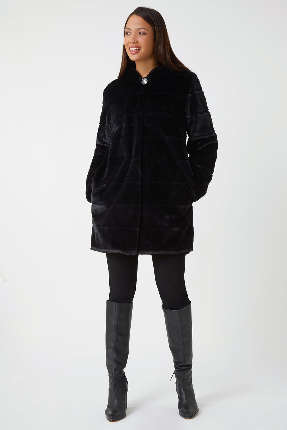 Black Faux Fur Hooded Longline Coat | Roman UK