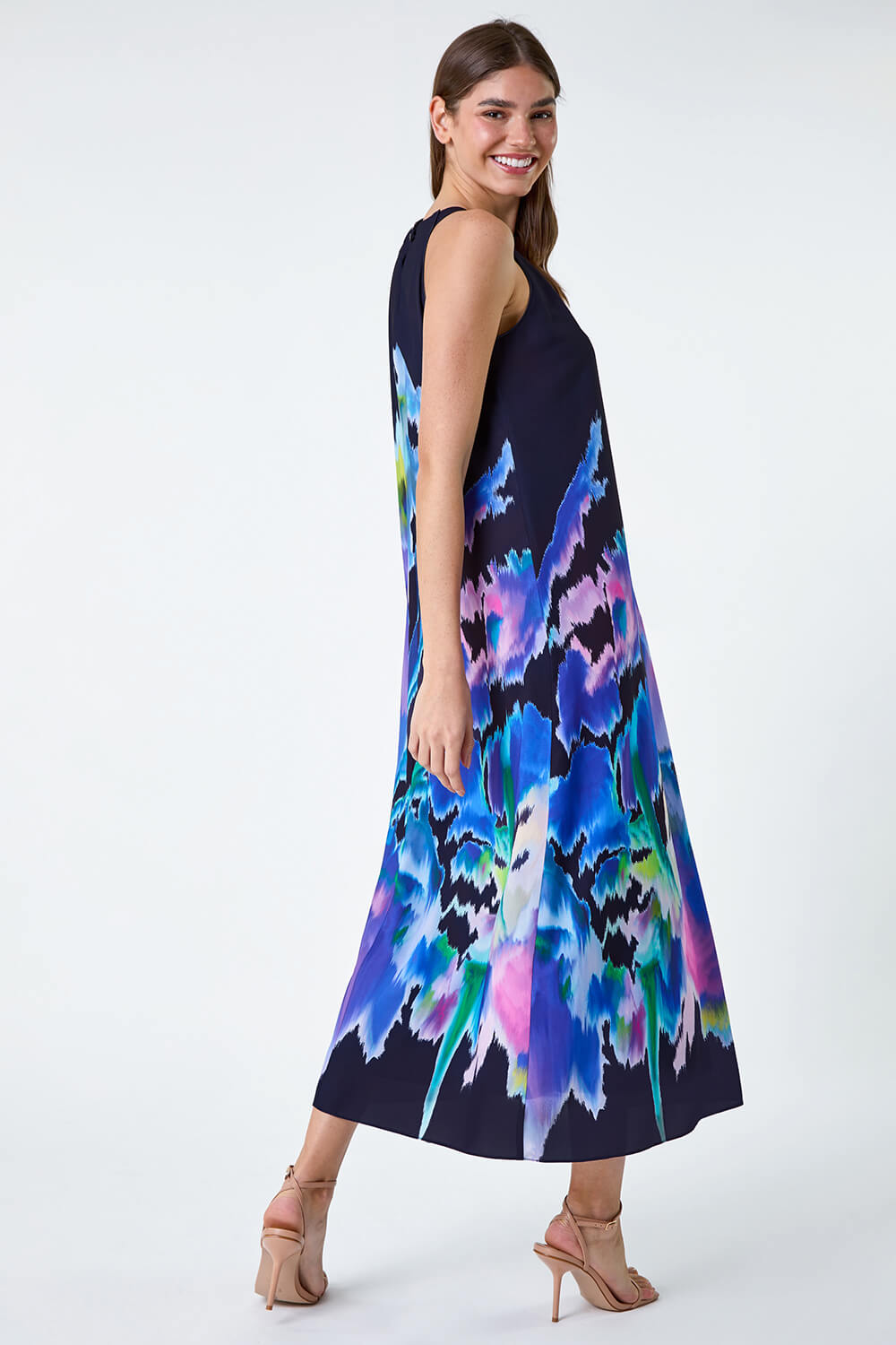 Navy  Abstract Floral Pleat Detail Trapeze Dress, Image 3 of 5